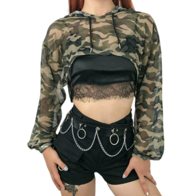 S-Fly Women Camo Print Long Sleeve Fashion Crop Hoodie Pullover Sweatshirt 